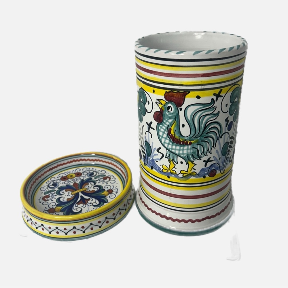 Sberna Deruta Italia Hand-Painted Ceramic Canister with Spoon Rest Multicolor